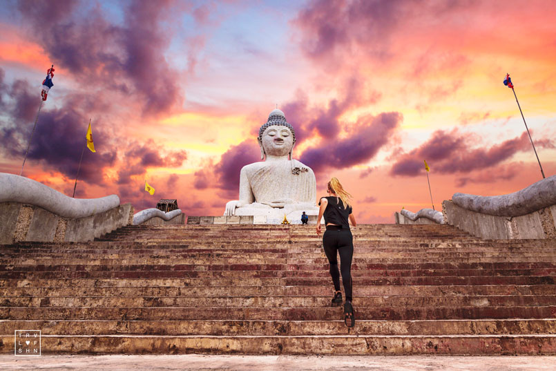 How to stay fit on Vacation on Travellovefashion.com. Big Buddha in Phuket, Thailand at sunset.